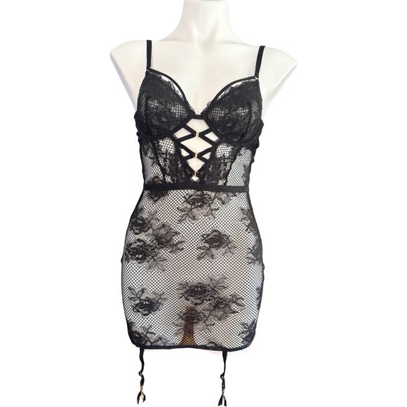 Victoria's Secret Other - Victoria's Secret Black Lace Fishnet Corset Chemise Garter Lace Up Back Size M